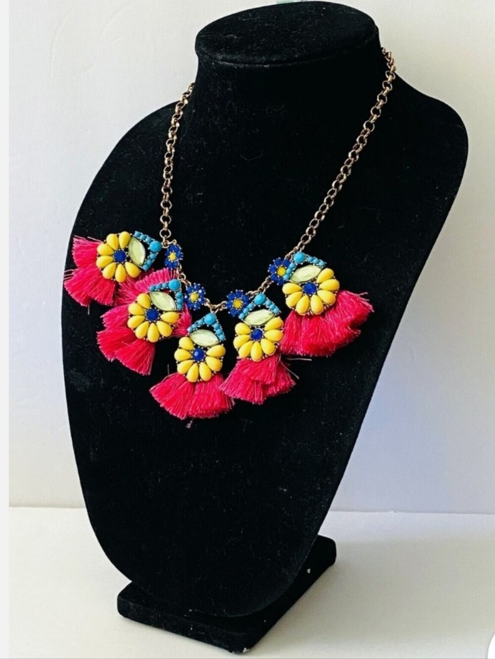 INC Yellow Green Blue Rhinestone Pink Tassel Fringe Gold-Tone Bib Necklace Y2K